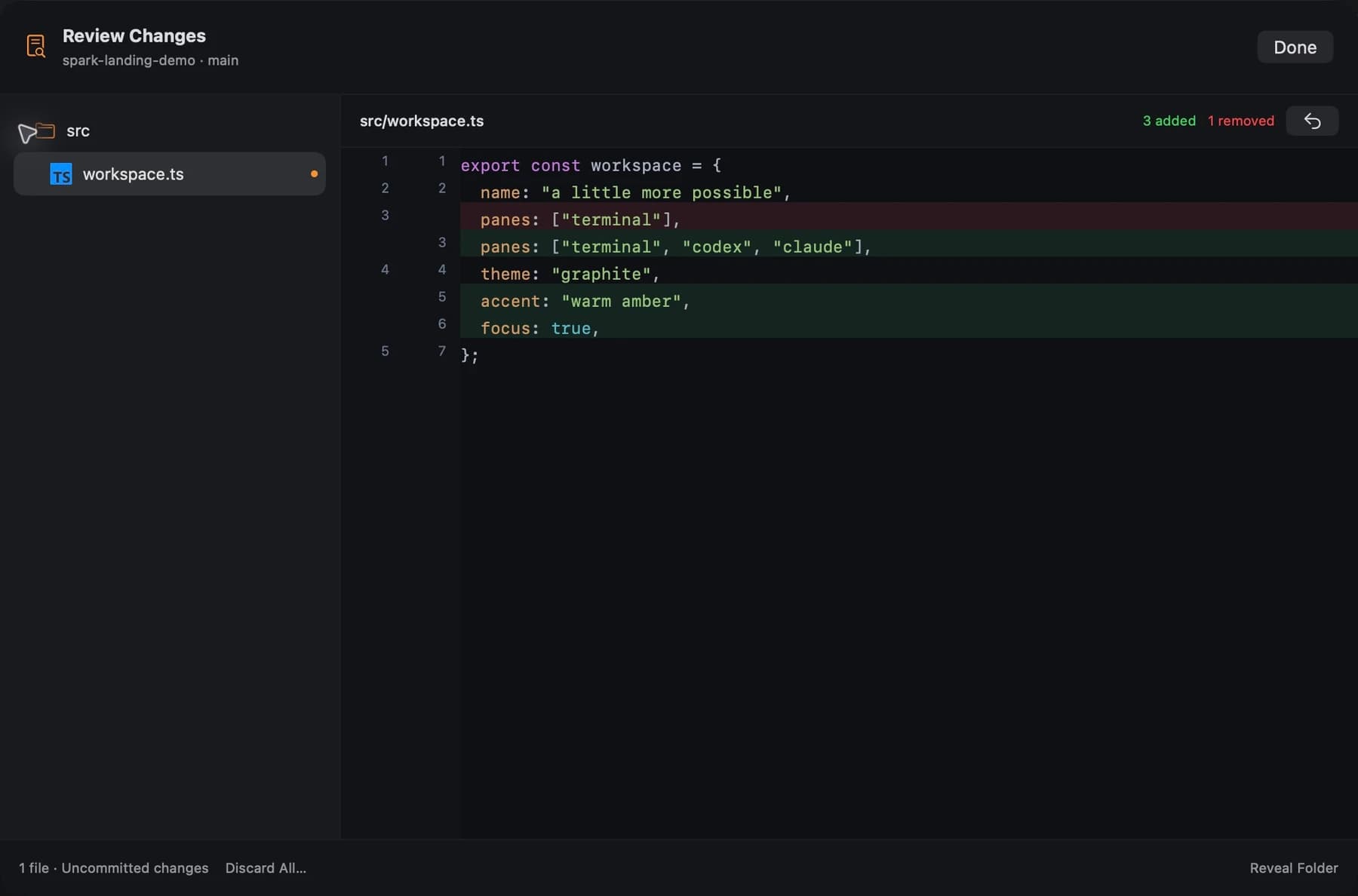Real Spark code review showing the changed workspace.ts file, line numbers, and highlighted additions