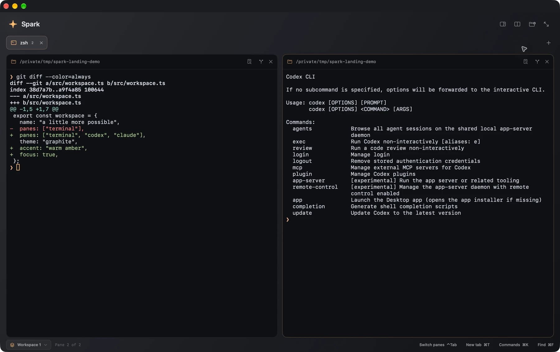 Spark running a two-pane workspace with a Git diff and terminal commands